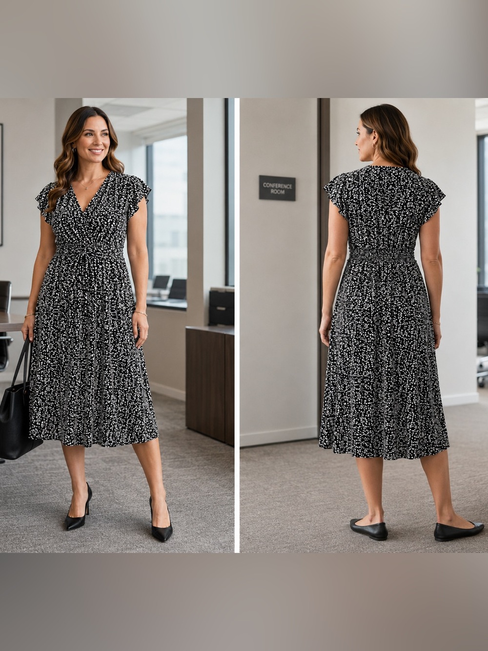 Christopher & Banks Black and White Printed Wrap-Style Midi Dress
